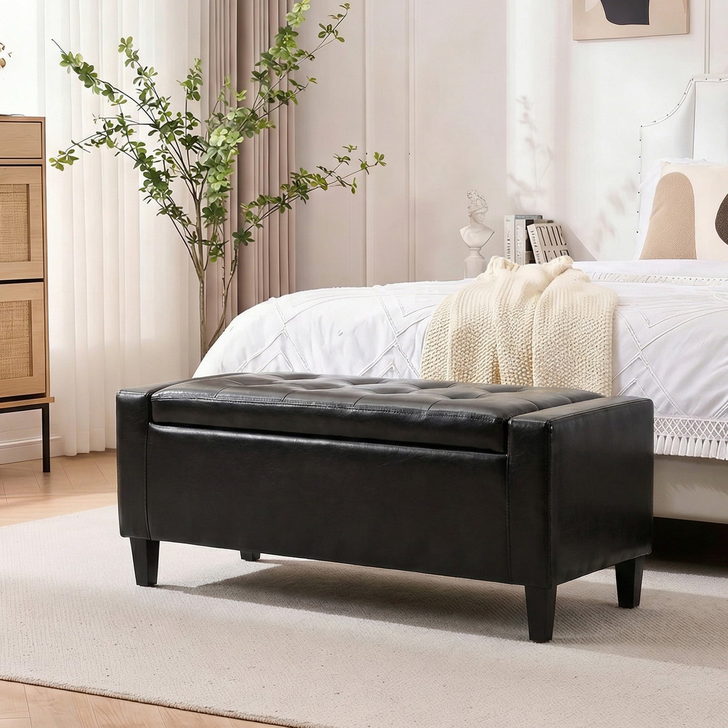 Storage Ottoman Bench, PU Leather Upholstered Bench with Tufted Design, Black