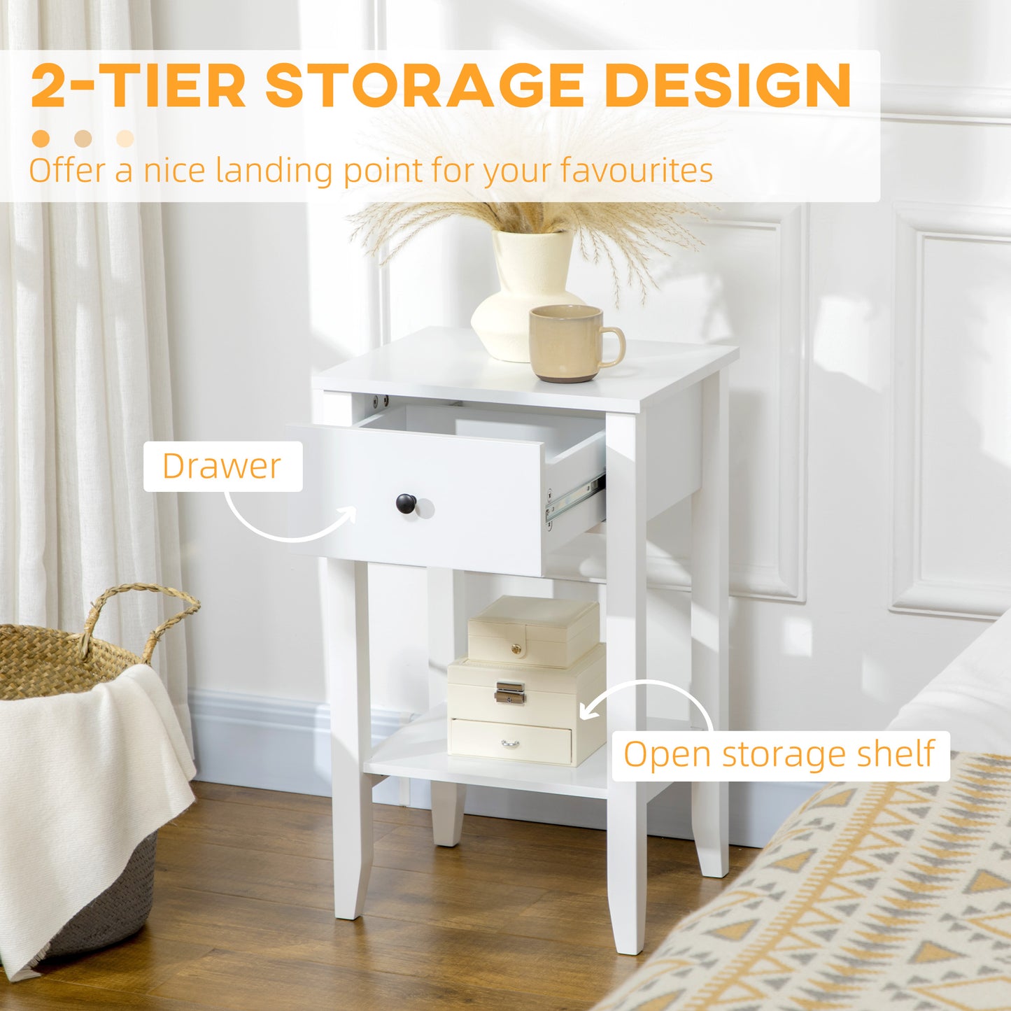 Side Table Set of 2, End Tables with Drawer and Bottom Shelf, 2-tier Nightstand for Bedroom, Living Room, White