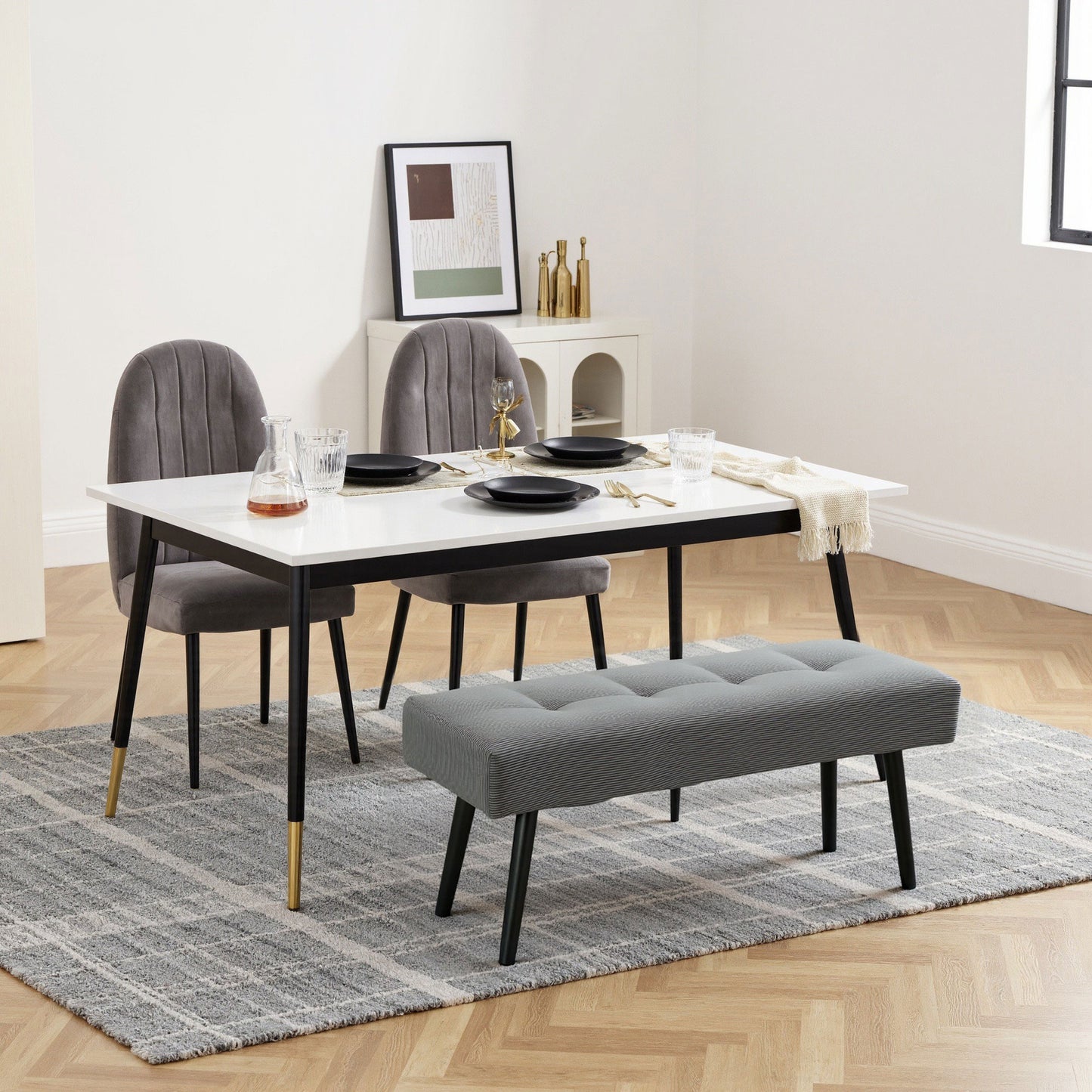 39" Upholstered Ottoman Bench, Corduroy Entryway Bedroom Bench with Padded Seat and Steel Legs for Bedroom, Grey