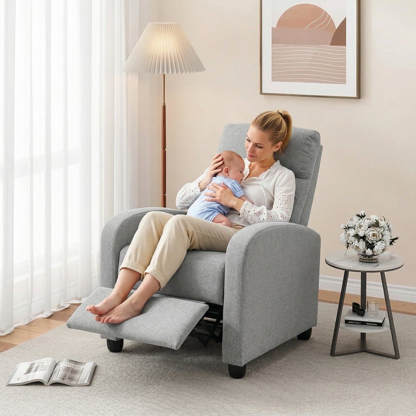 Manual Recliner Single Sofa Chair, Linen-Touch Home Theater Seating Armchair for Living Room, Light Grey