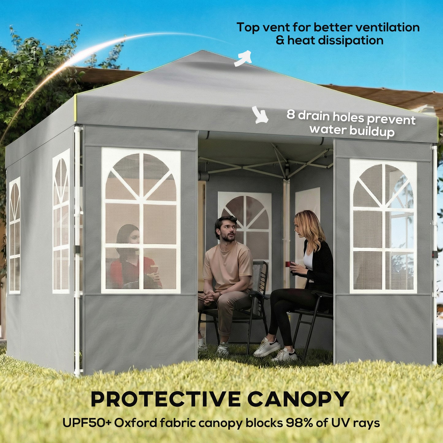 9.6 x 9.6 ft Pop Up Canopy Tent with 4 Sidewalls, UPF 50+ 1-Button Push Easy Setup Outdoor Instant Canopy, Light Grey
