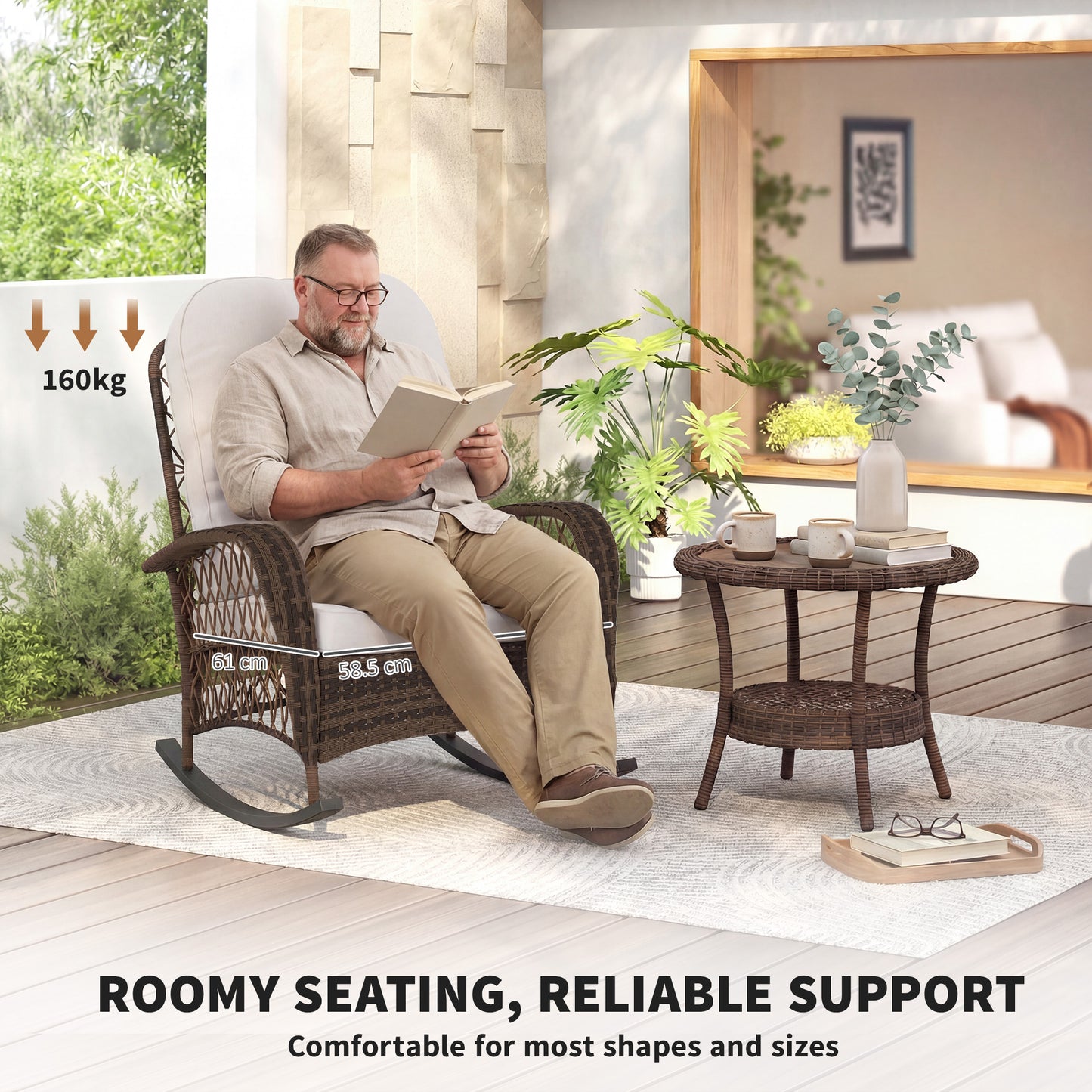 Outdoor Wicker Rattan Rocking Chair Patio Rocker with Thick Cushions for Garden Backyard Porch, Light Mixed Brown