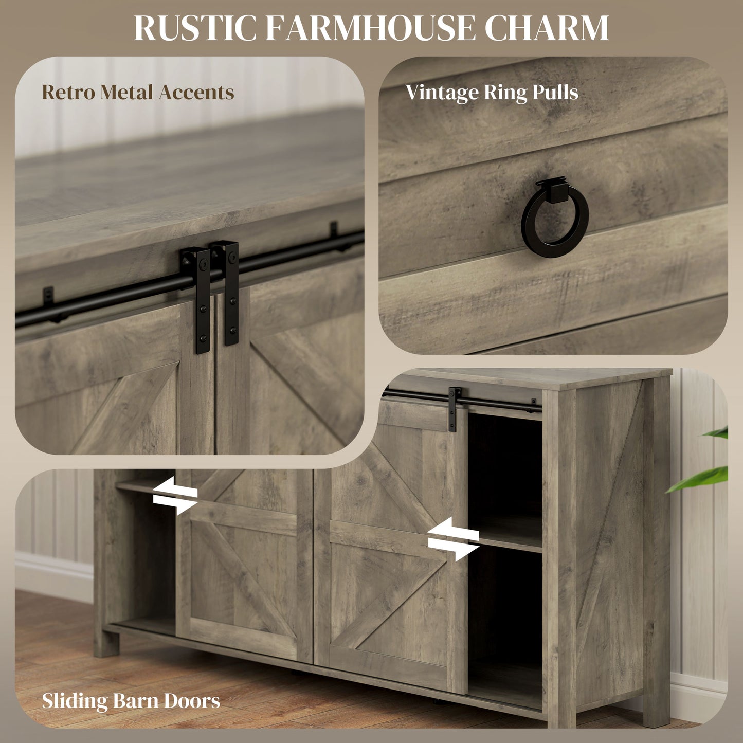 60" Buffet Cabinet, Farmhouse Sideboard with Sliding Barn Doors, Drawers and Adjustable Shelves, Distressed Light Grey