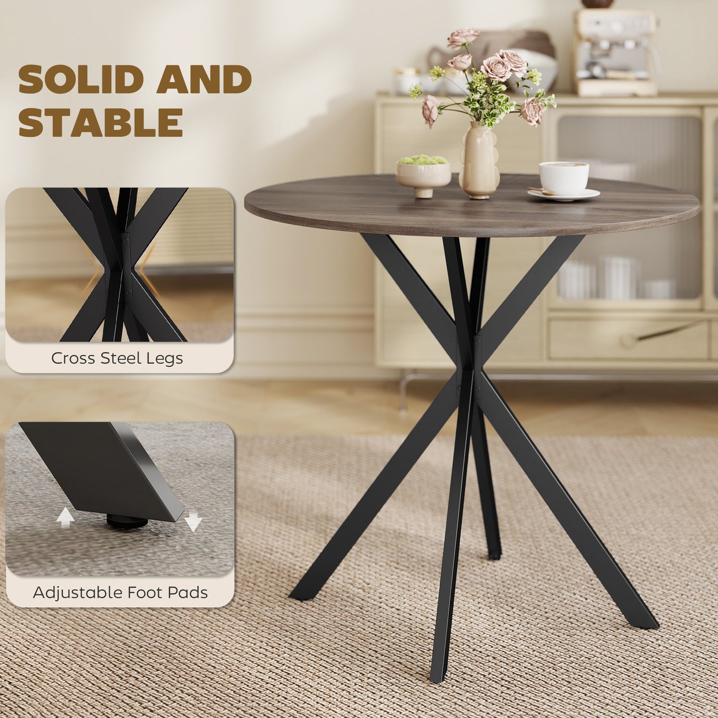 31.5" Industrial Round Dining Table - Distressed Dark Brown