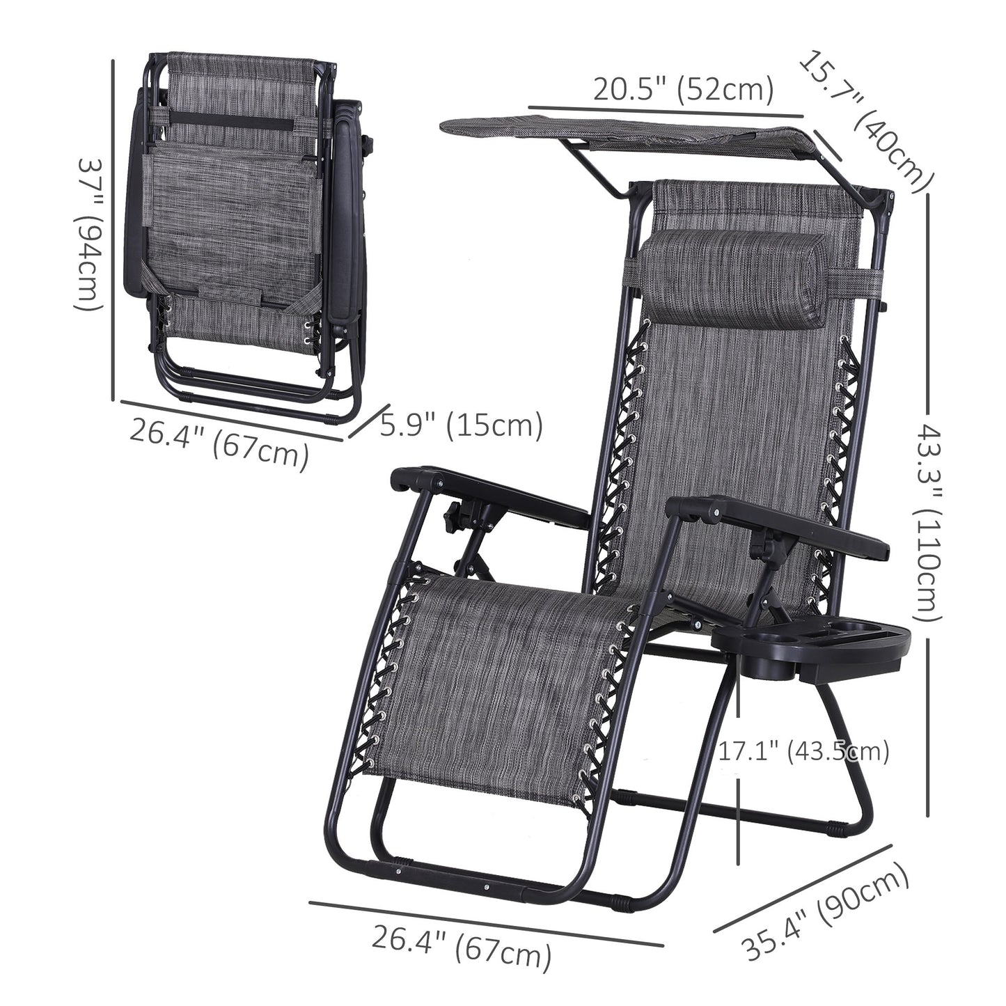 Outdoor Zero Gravity Reclining Lounger Chair with Canopy Shade, Side Tray, Cupholder, Beige