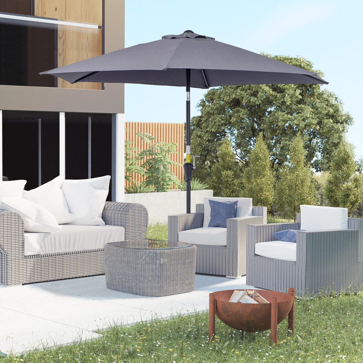 8.5FT Grey Round Garden Parasol with 6 Ribs & Crank Handle