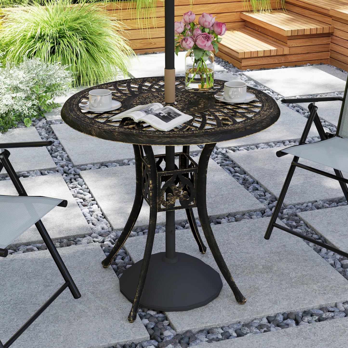 30-inch Round Patio Dining Table with Umbrella Hole Cast Aluminium Outdoor Bistro Table, Brown - Brown