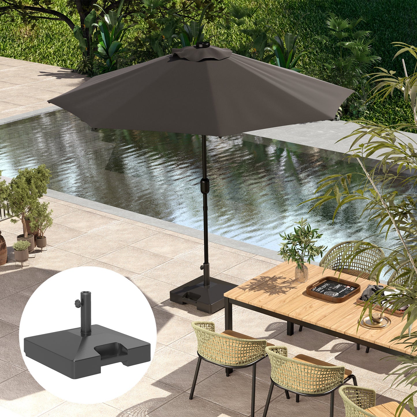 Plastic Square Patio Umbrella Base with Wheels Handle, Heavy Duty Outdoor Umbrella Stand Base, Filled Up to 73lb with Stand or 57lb with Water for Garden, Poolside, Black