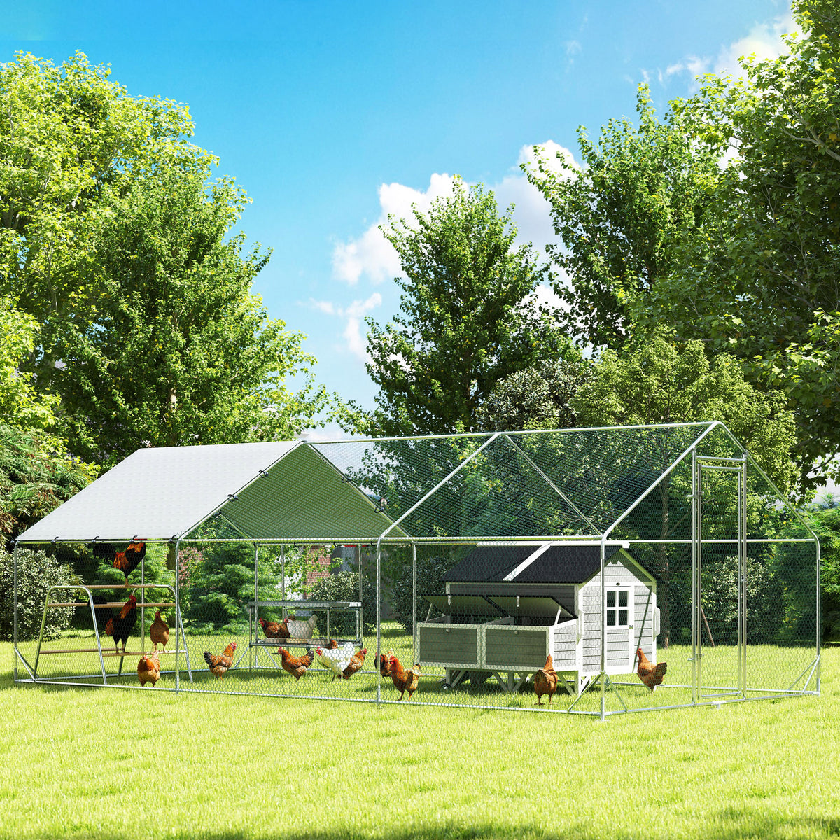 Metal Chicken Coop Run w/ Waterproof Cover, Nesting Box, Roosting Bars, for Outdoor Backyard - 9.8' x 19.7' x 6.4'