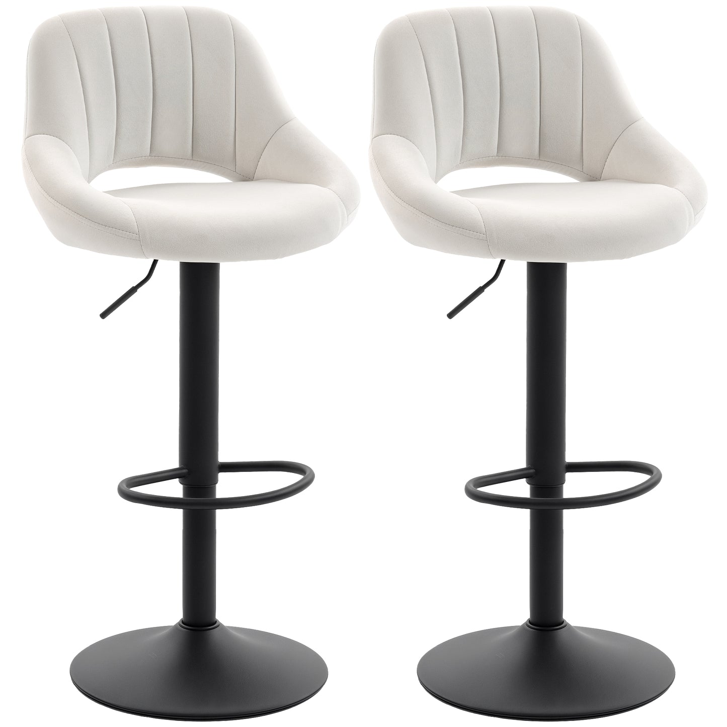 Bar Stools Set of 2, Swivel Counter Height Barstools with Adjustable Height and Cutout Back, Velvet Upholstered Bar Chairs with Round Metal Base and Footrest, Cream