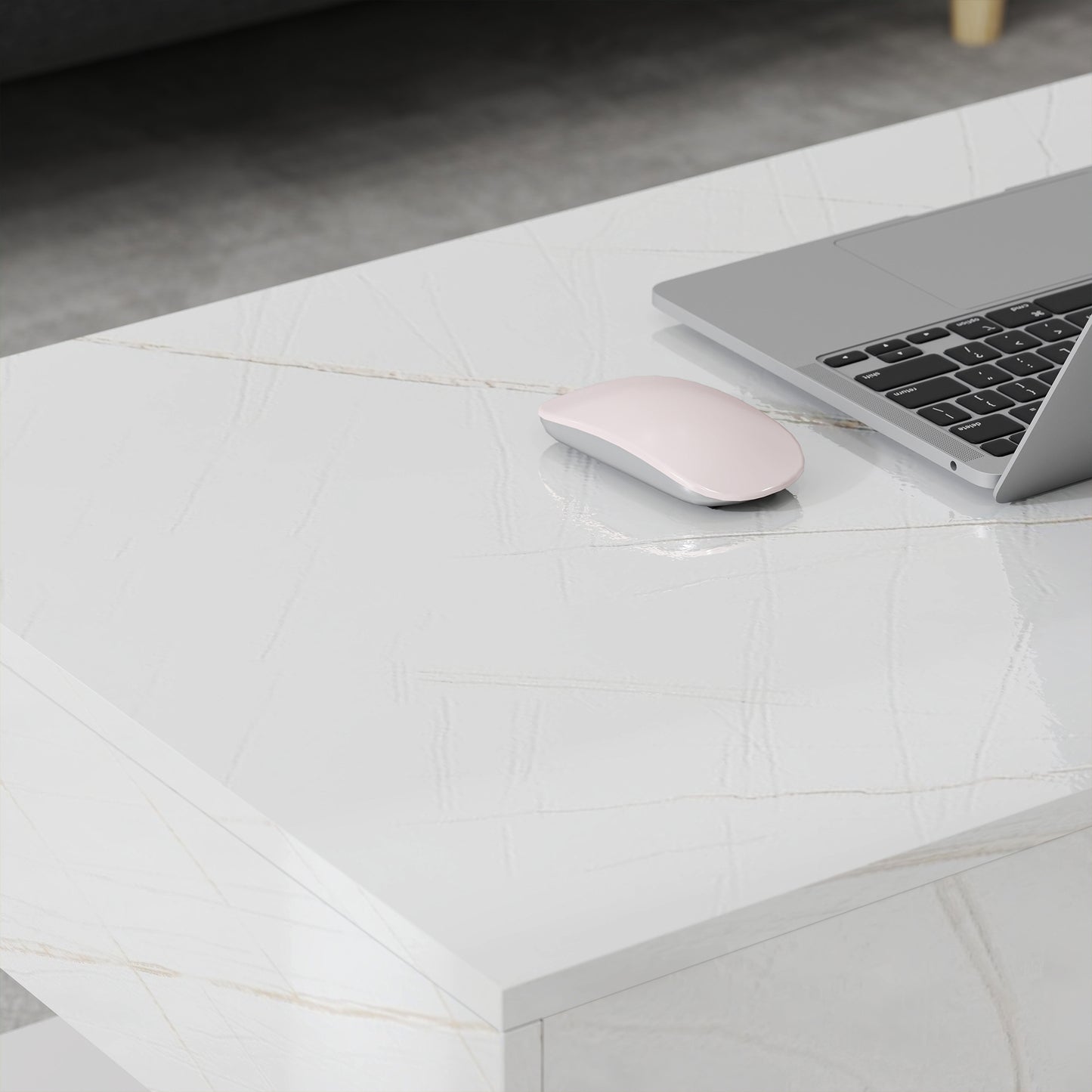 Coffee Table with Adjustable LED Lights, Center Table with 2 Drawers, Open Shelf, Remote, High Gloss Marble-Effect White