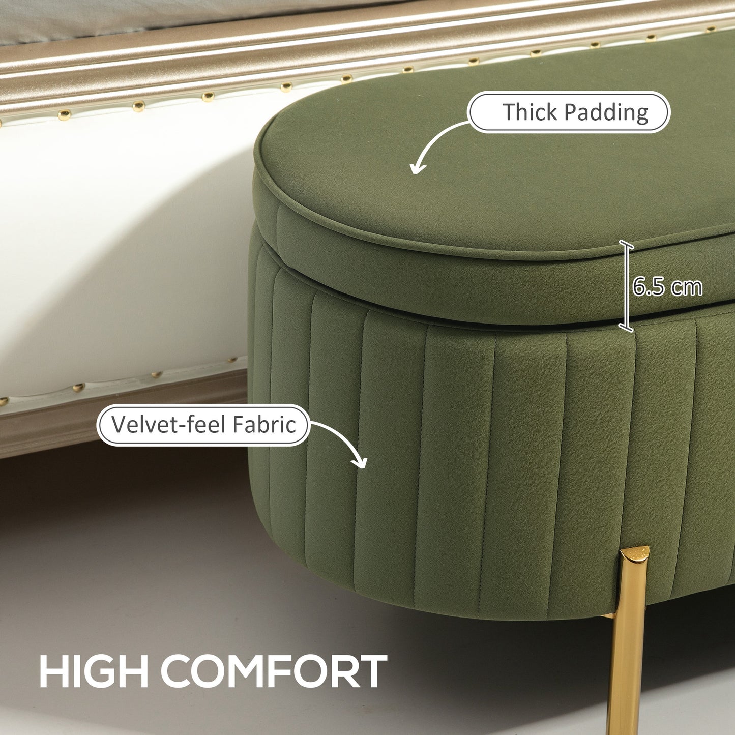Upholstered Bedroom Bench, Channel Tufted Ottoman Bench with Thick Padding and Metal Legs, Dark Green