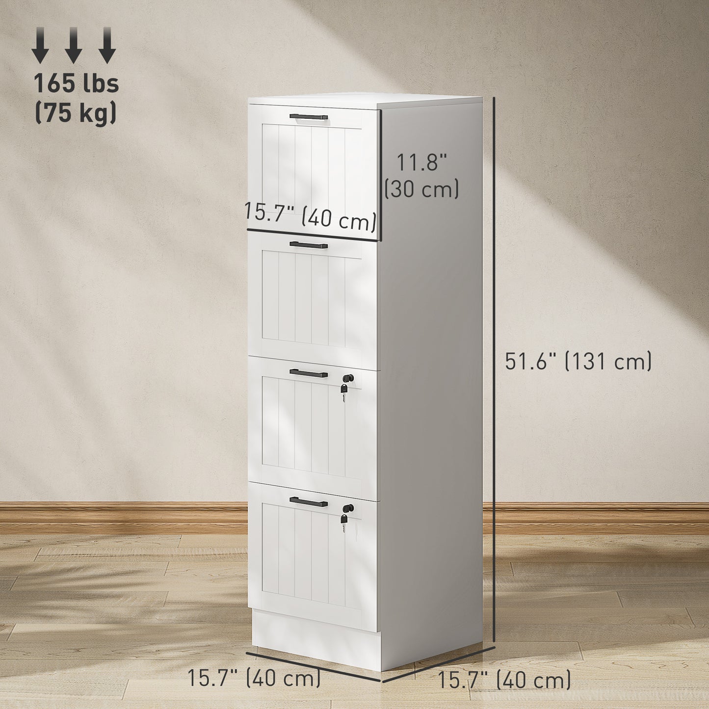 4 Drawer Filing Cabinet with Lock, Office Storage Cabinet with Adjustable Hanging Bars for A4 Letter Size Files, White