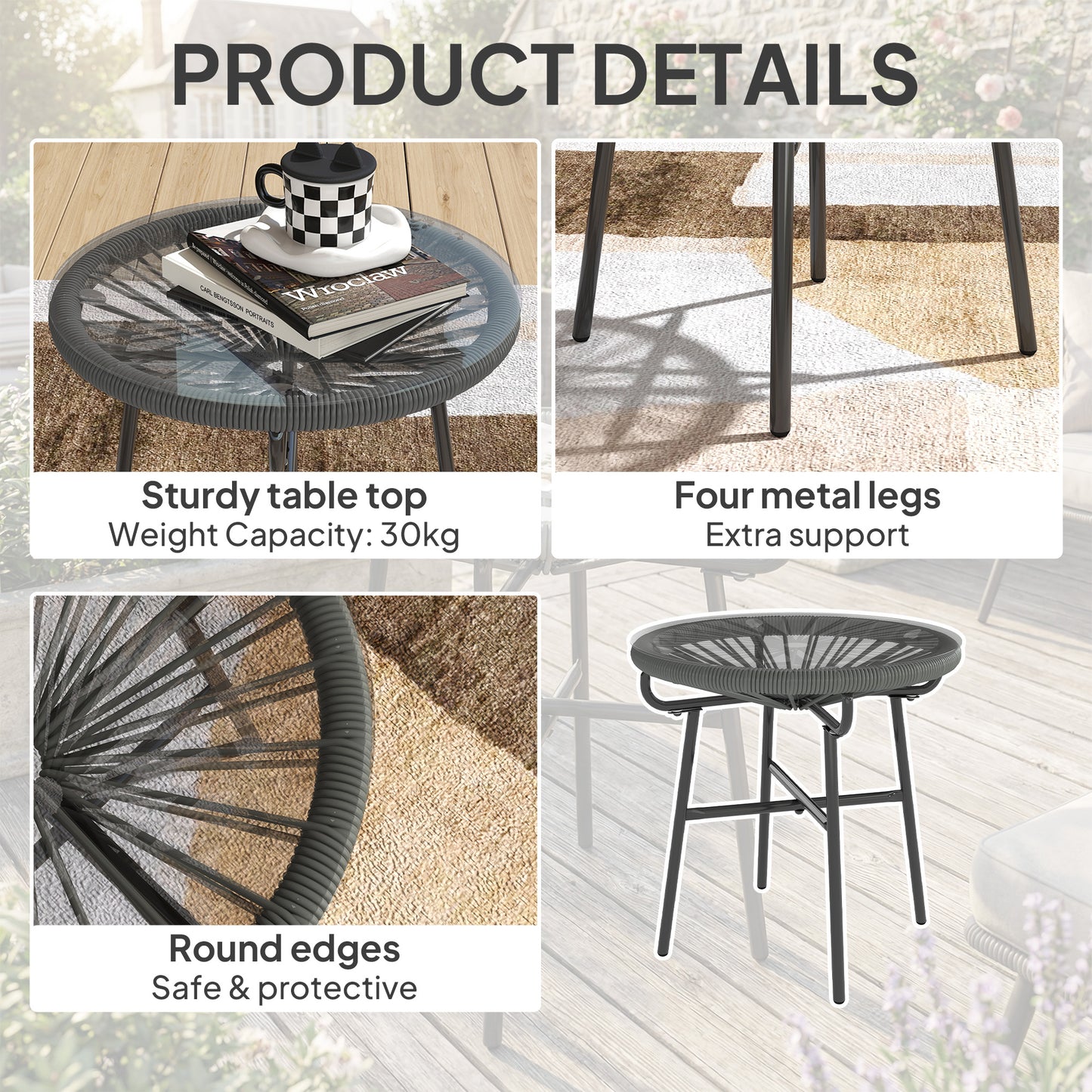 Rattan Side Table, Round Outdoor Table, with Round PE Rattan and Tempered Glass Table Top for Patio, Garden, Dark Grey