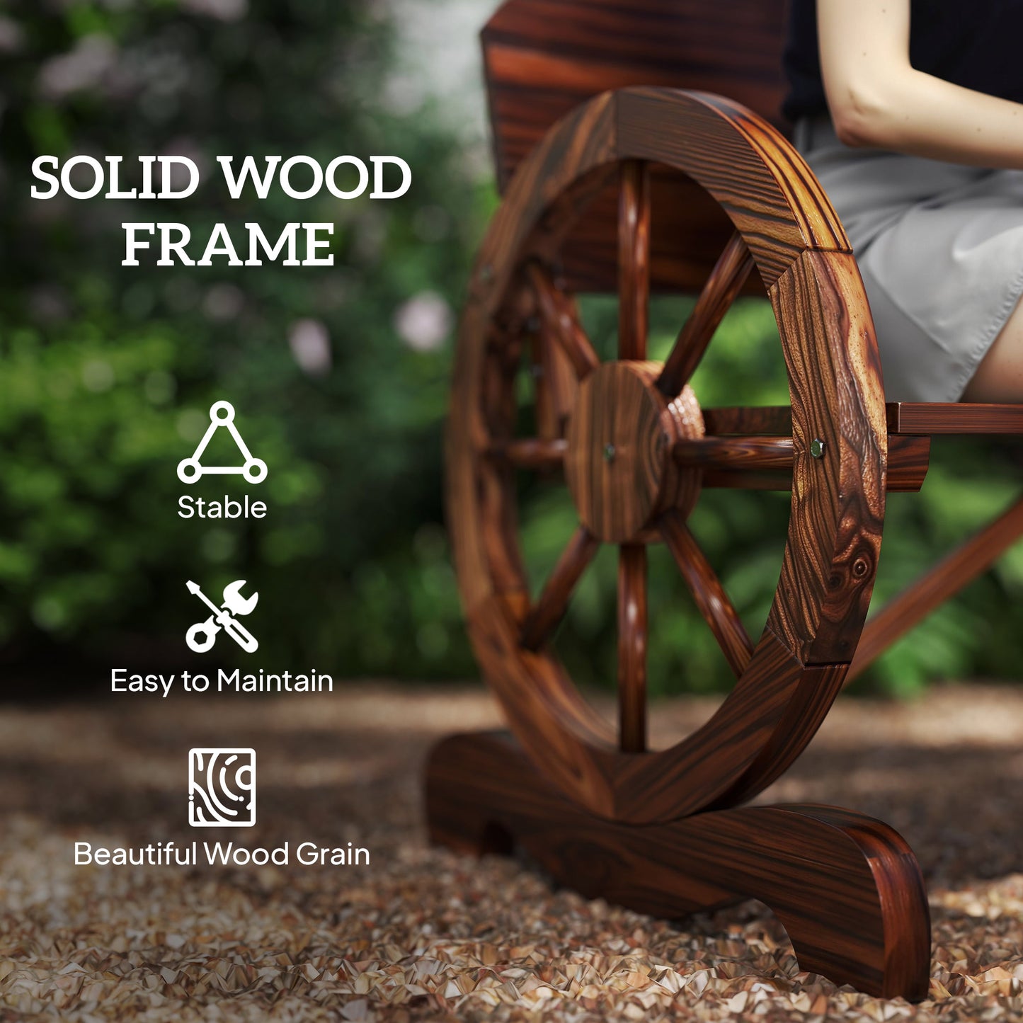 Wooden Outdoor Bench, Garden Patio Loveseat with Wagon Wheel Armrests, 528LBS Capacity, Carbonized