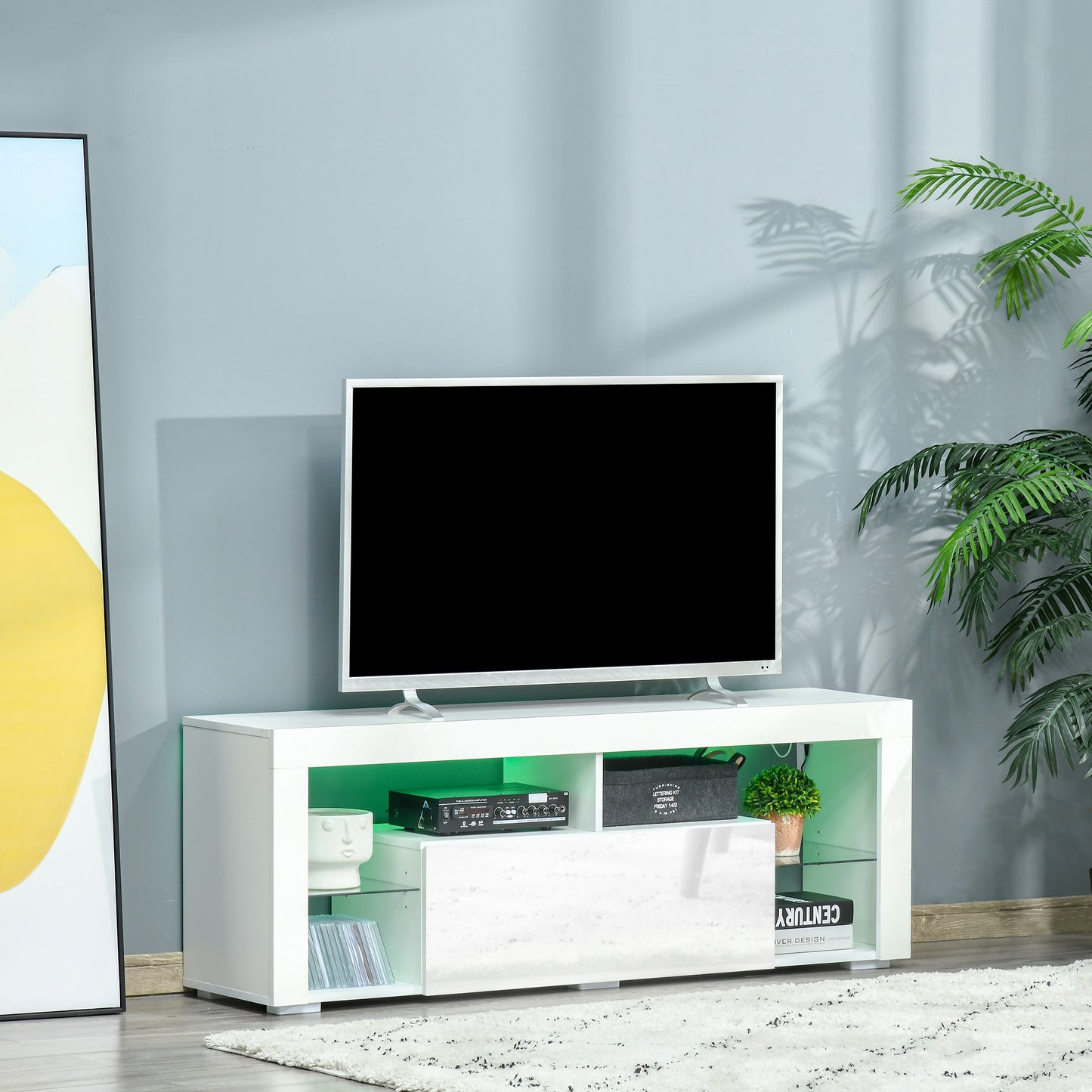 TV Stand for 55-Inch TVs, High Gloss TV Bench with LED Lights, Remote Control, Storage Drawer and Shelves, Entertainment Unit for Living Room, Bedroom, White