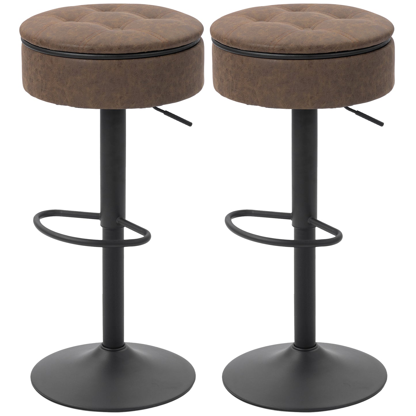Set of 2 Barstools with Storage, Swivel Bar Stools with PU Leather Upholstered, Footrest, Steel Base, Brown