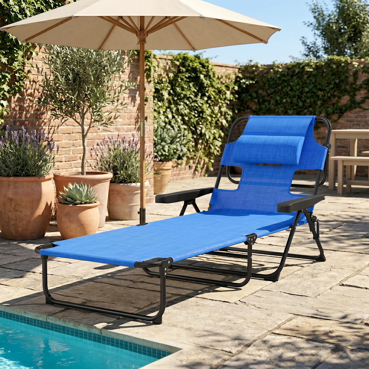 Folding Lounge Chair w/ Reclining Back, Cream White - Dark Blue