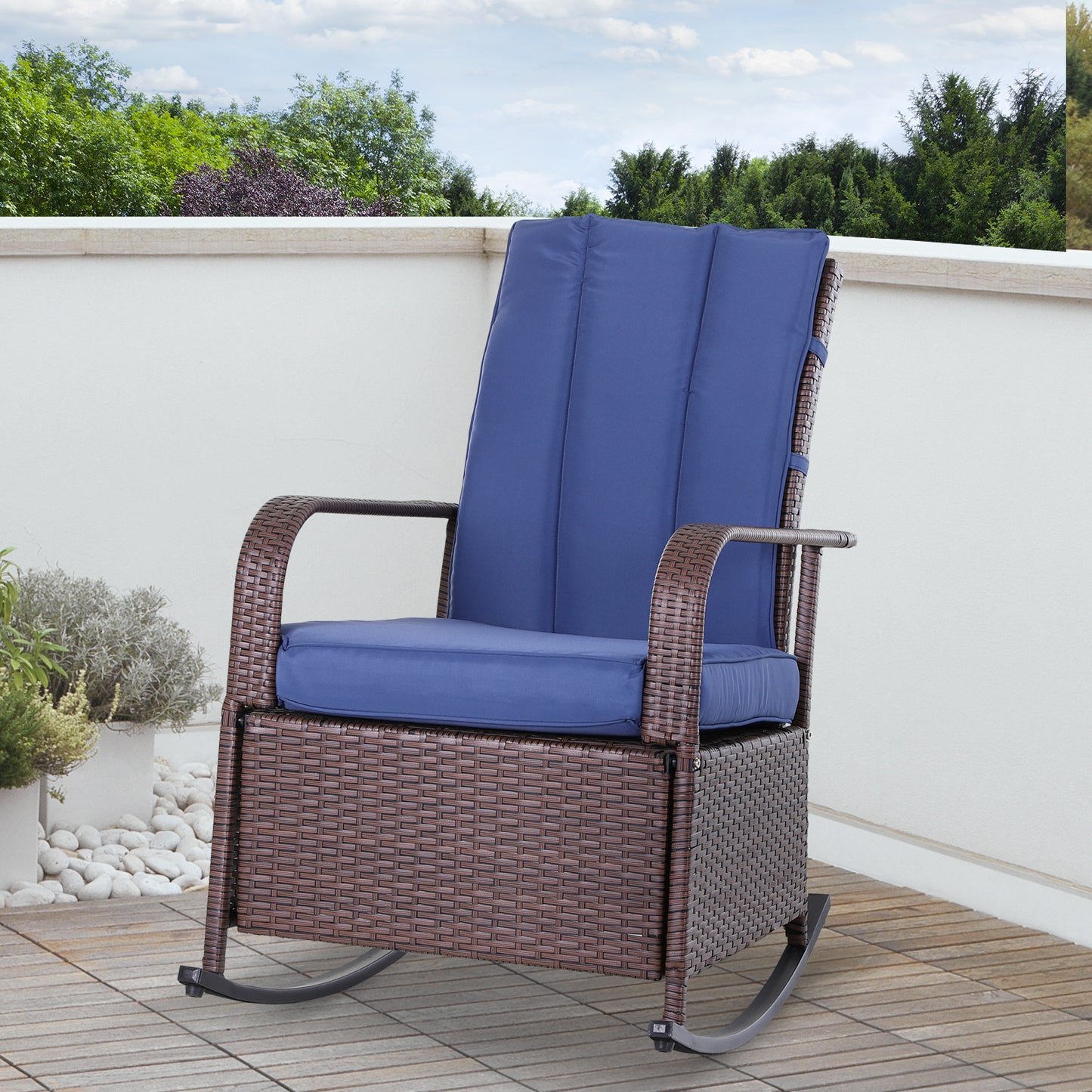 Outdoor Wicker Rocking Chair with Cushion, Patio PE Rattan Recliner Chair with Adjustable Footrest, Armrests, Red