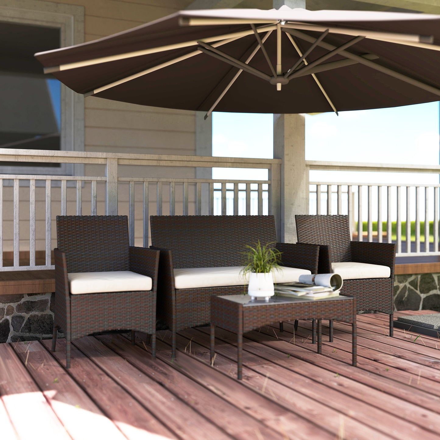 4 Pieces Wicker Outdoor Balcony Furniture Set Rattan Patio Furniture Set with Loveseat Chairs Glass Coffee Table Beige