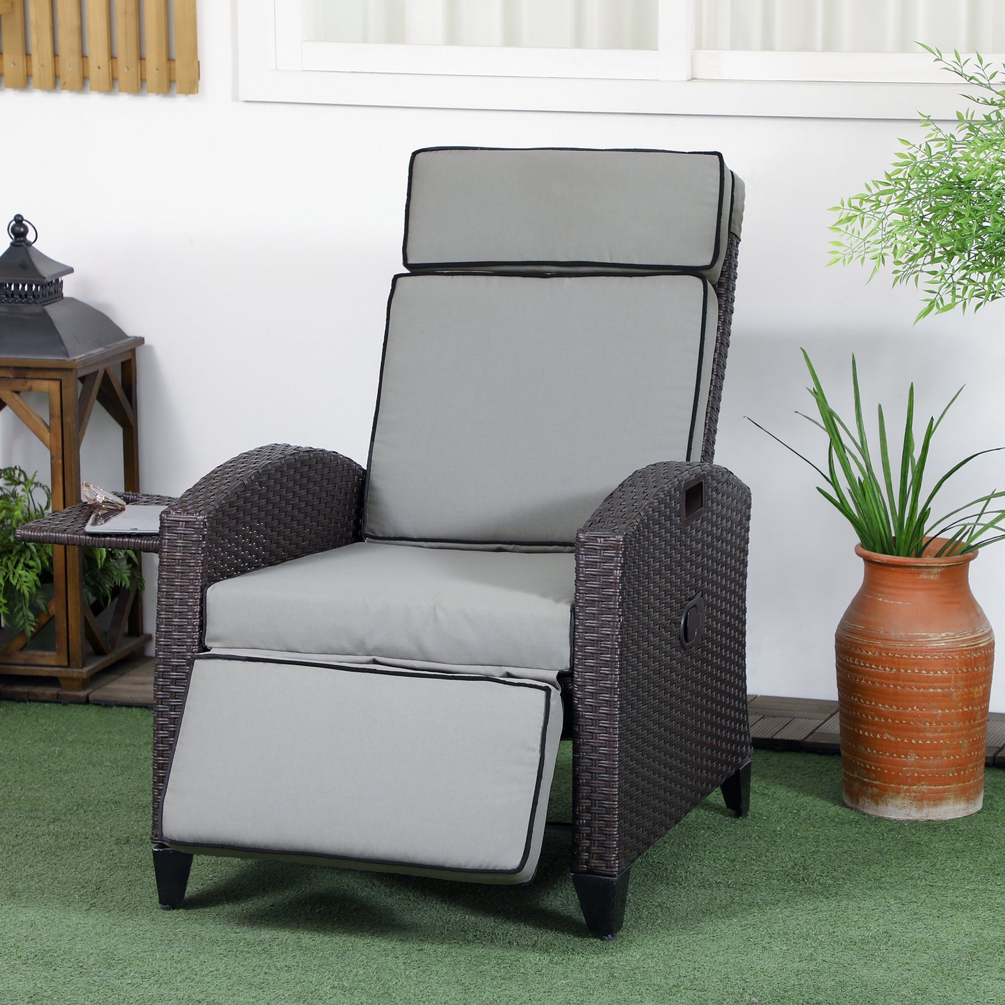 Outdoor Recliner Chair with Adjustable Backrest, Cushion, Side Tray, Black