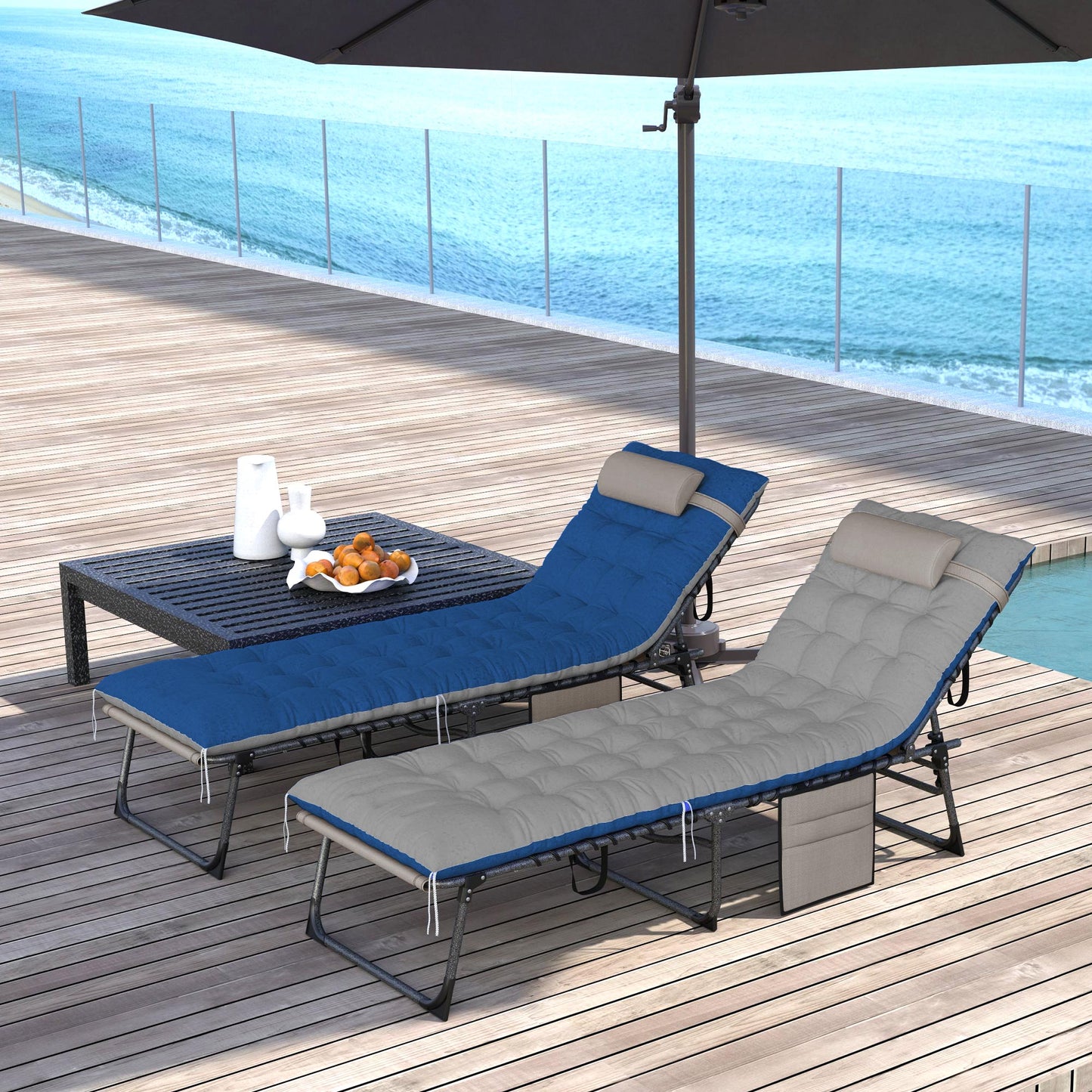 Outdoor Lounge Chair Set of 2, Folding Chaise Lounge Tanning Chair with Cushion, Side Pocket, Brown/Blue - Brown