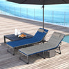 Outdoor Lounge Chair Set of 2, Folding Chaise Lounge Tanning Chair with Cushion, Side Pocket, Brown/Blue