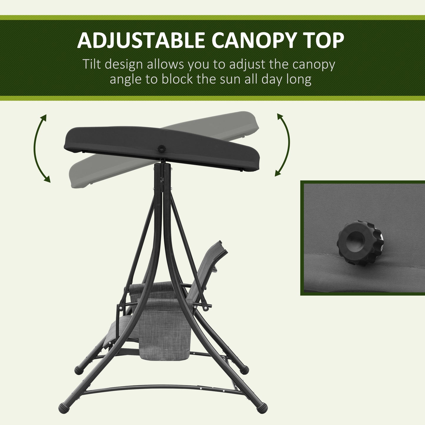 3 Person Outdoor Porch Swing Chair with Adjustable Canopy, Mixed Grey