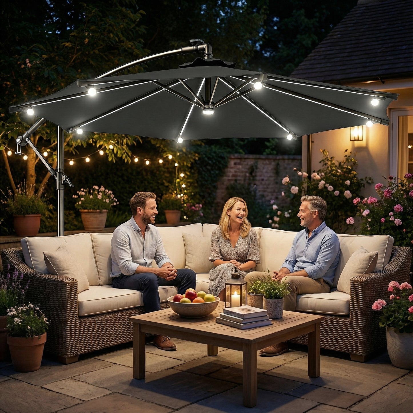 8.8FT Cantilever Patio Umbrella with Solar Powered LED Lights, Crank Handle, Cross Base for Outdoor Sun Shade, Grey