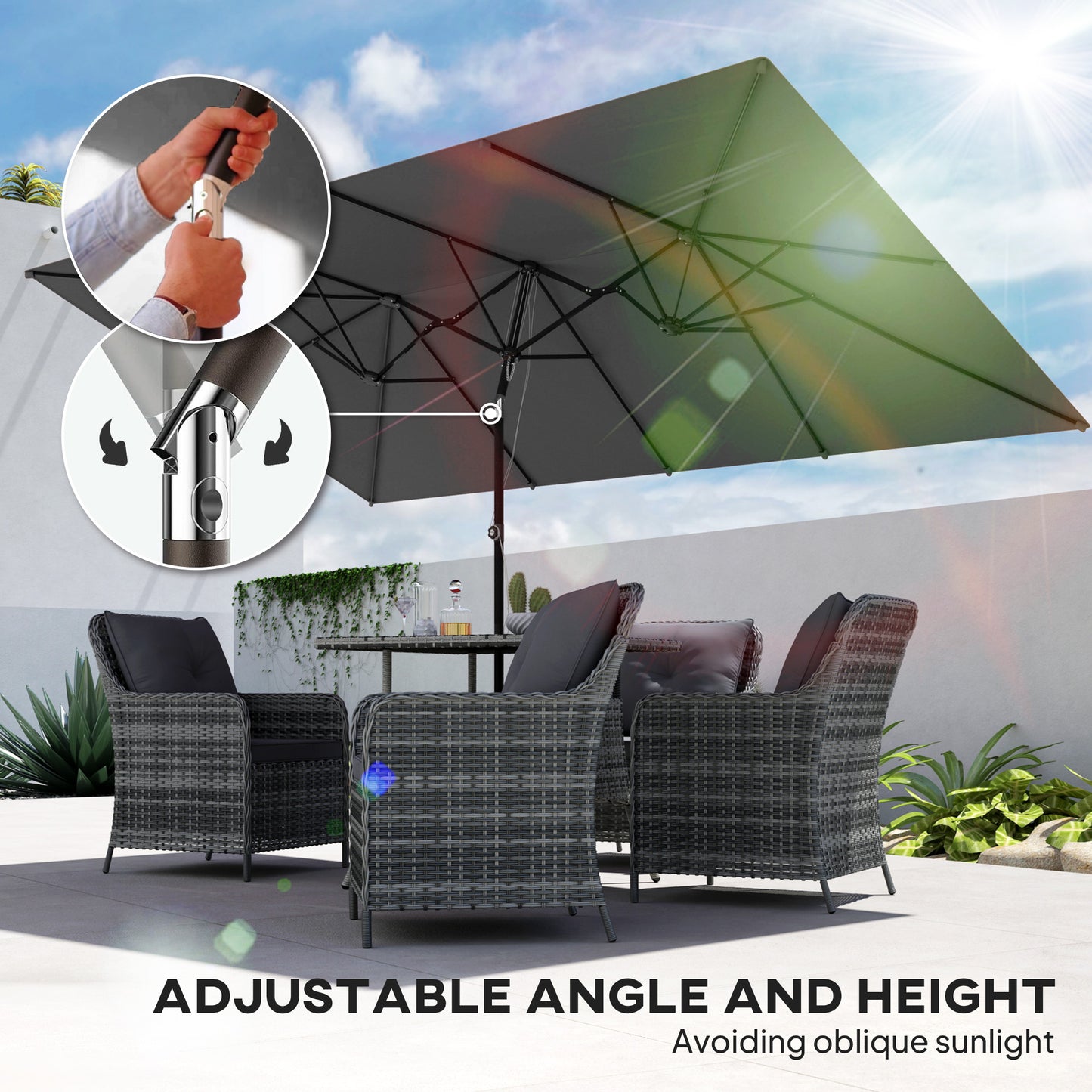 Grey Double-Sided Umbrella with Adjustable Height & 12 Ribs