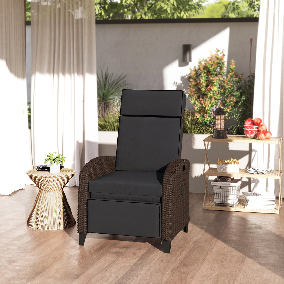 Outdoor Recliner Chair with Adjustable Backrest, Cushion, Side Tray, Black