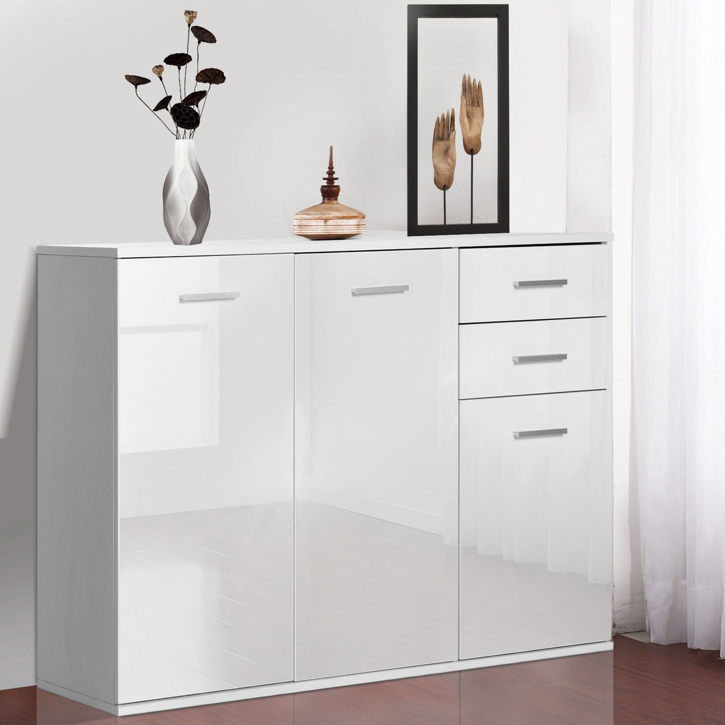 High Gloss Sideboard with 2 Drawers and 3 Doors, Buffet Cabinet with Adjustable Shelf, Coffee Bar Cabinet with Storage, White