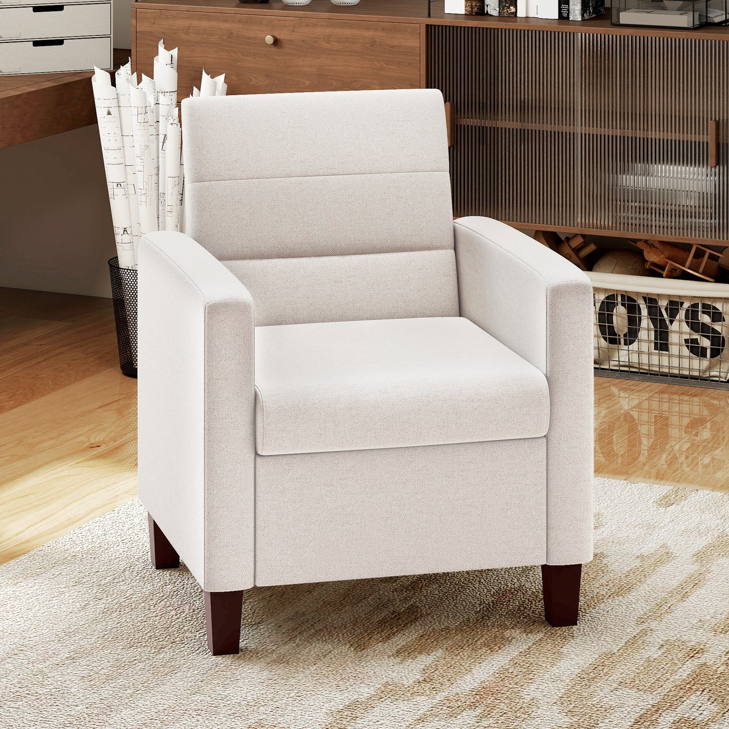Fabric Accent Chair, Modern Armchair with Seat Cushion and Non-Slip Pads for Living Room, Bedroom, Cream White