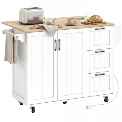 Kitchen Island Cart with Drop Leaf and Power Outlet - White