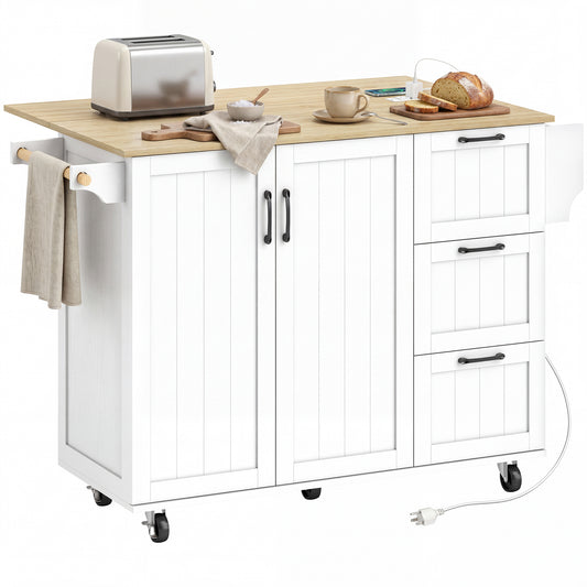 Kitchen Island Cart with Drop Leaf and Power Outlet - White