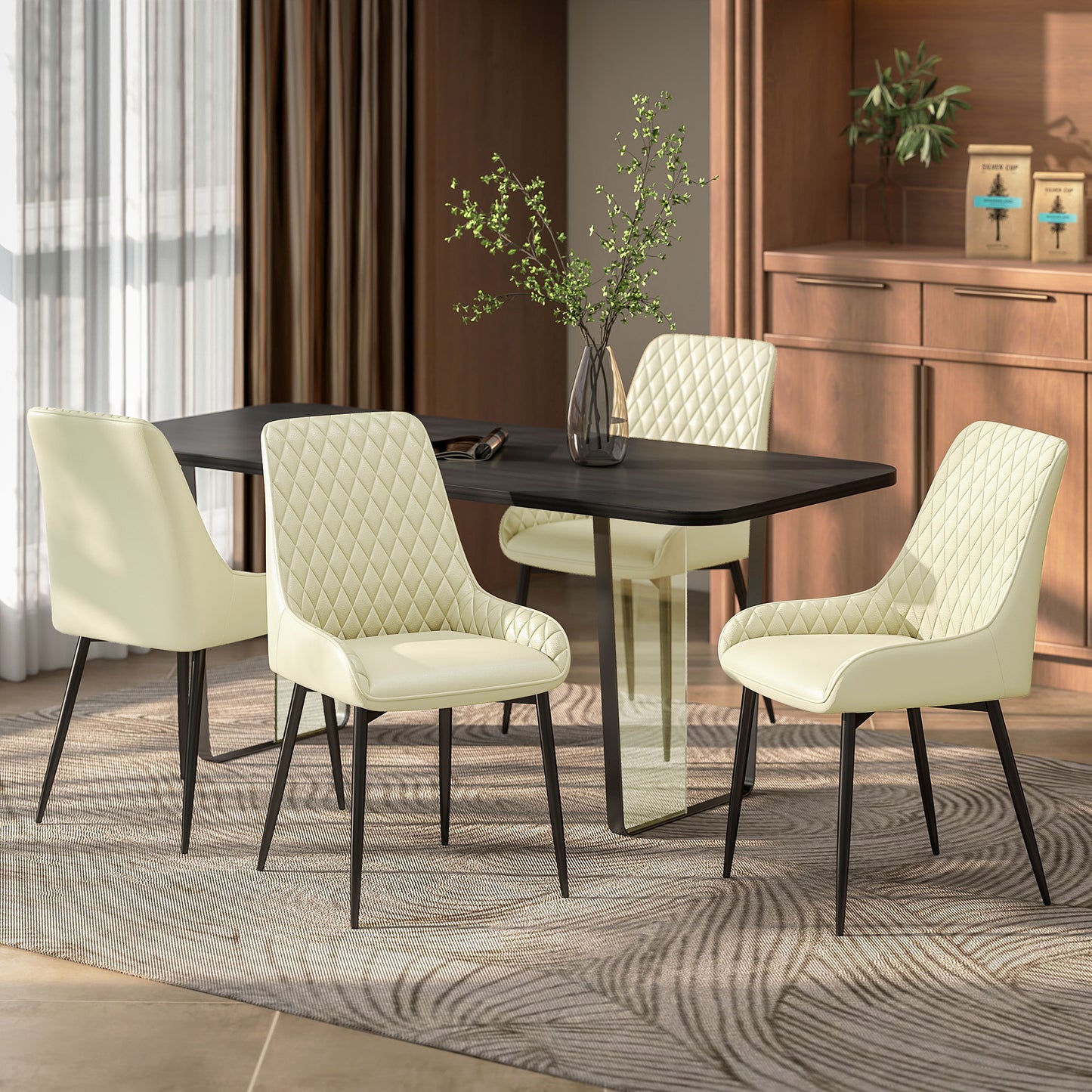 Set of 4 Upholstered Kitchen Chairs, Modern Dining Chairs with Diamond Tufting and Steel Legs for Dining Room, Cream White