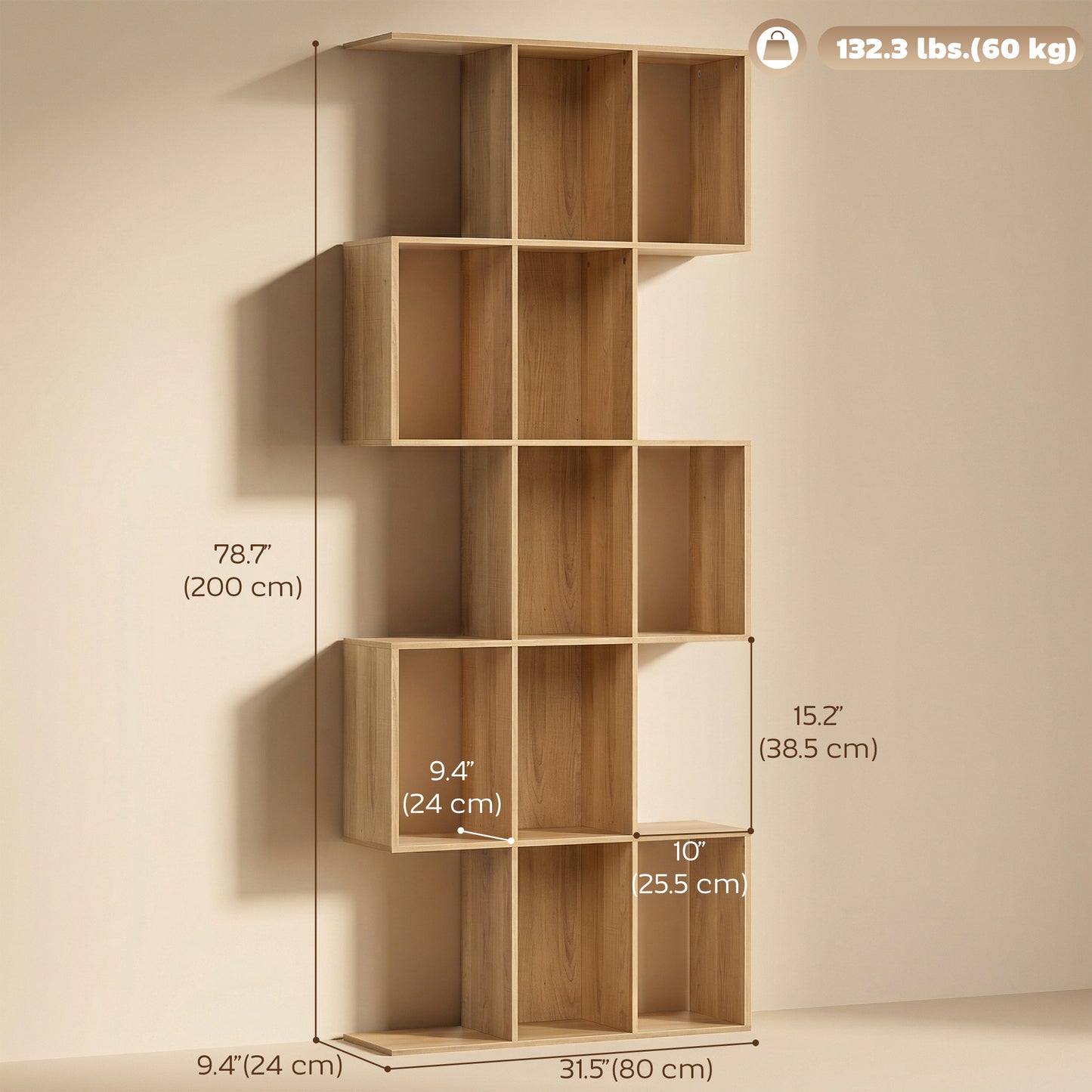 5-Tier Bookshelf, S Shaped Geometric Bookcase with 15 Compartments, Oak