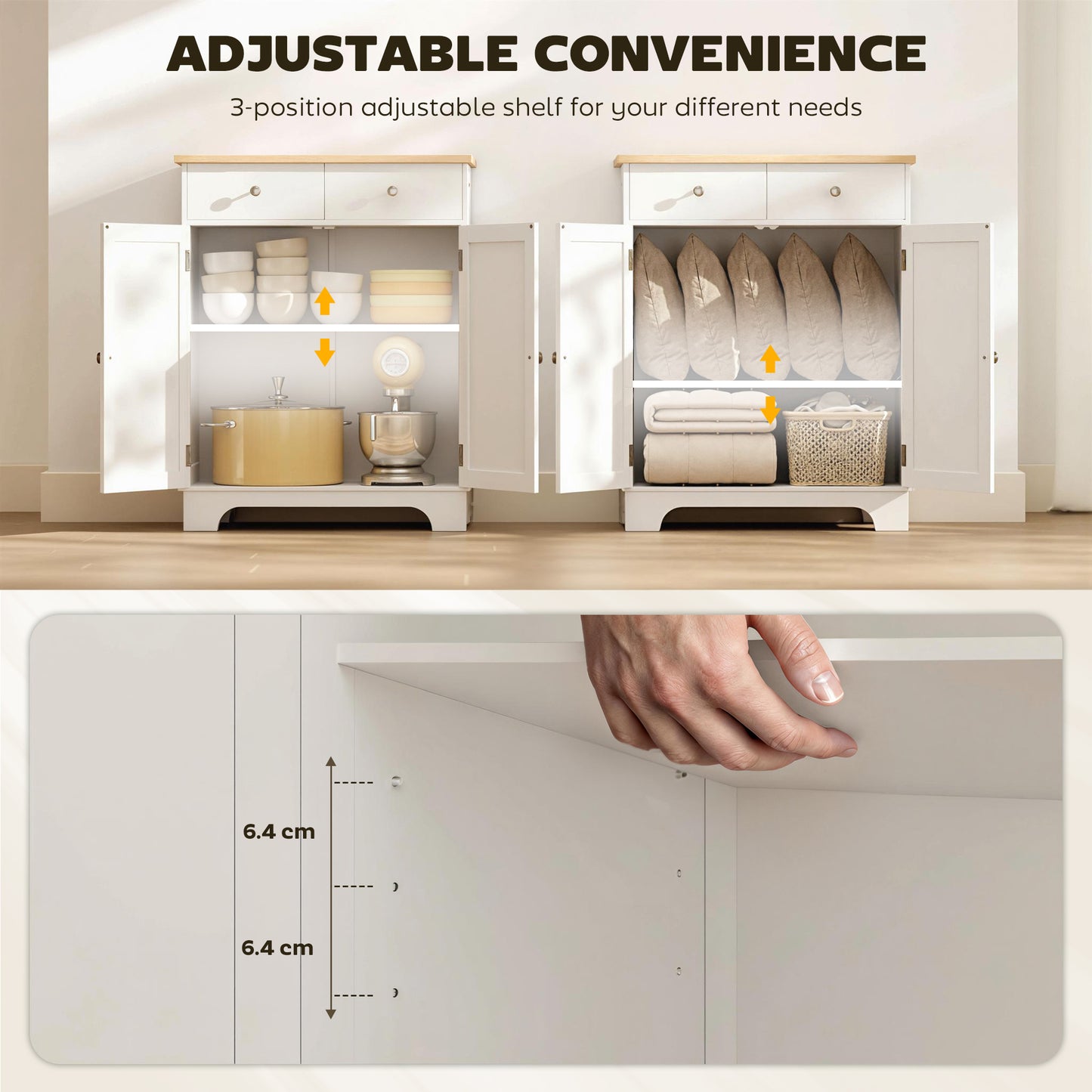 Sideboard Buffet Cabinet with Storage, 27" Kitchen Cabinet with Adjustable Shelf, 2 Drawers and 2 Doors, Coffee Bar Cabinet with Rubberwood Tabletop, White