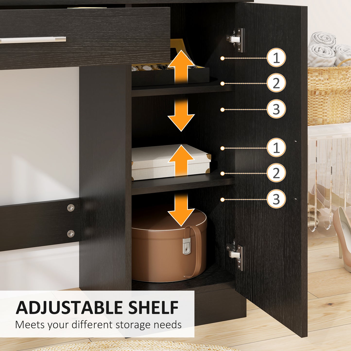 Vanity Desk with Mirror, Makeup Vanity w/ Drawer, Open Compartment and Shelves, Cabinet, Adjustable Shelves for Bedroom