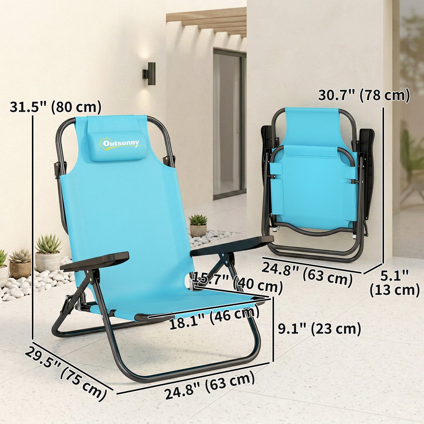Set of 2 Beach Chair 5-Position Adjustable Folding Camping Chair with Headrest Armrests Light Blue