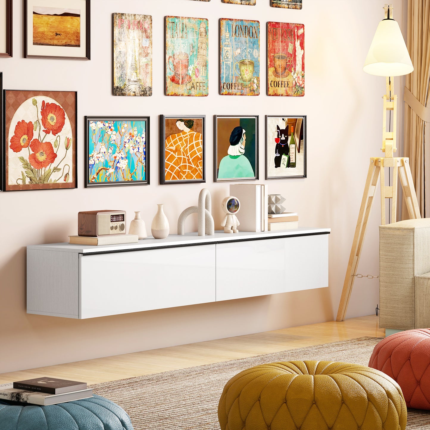 Wall Mounted TV Stand, Floating TV Cabinet with Storage, for TVs up to 80", High Gloss Effect, White