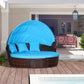 4 Pieces Outdoor Daybed with Retractable Canopy, Wicker Lounger Bed, Conversation Furniture Set, Dark Blue