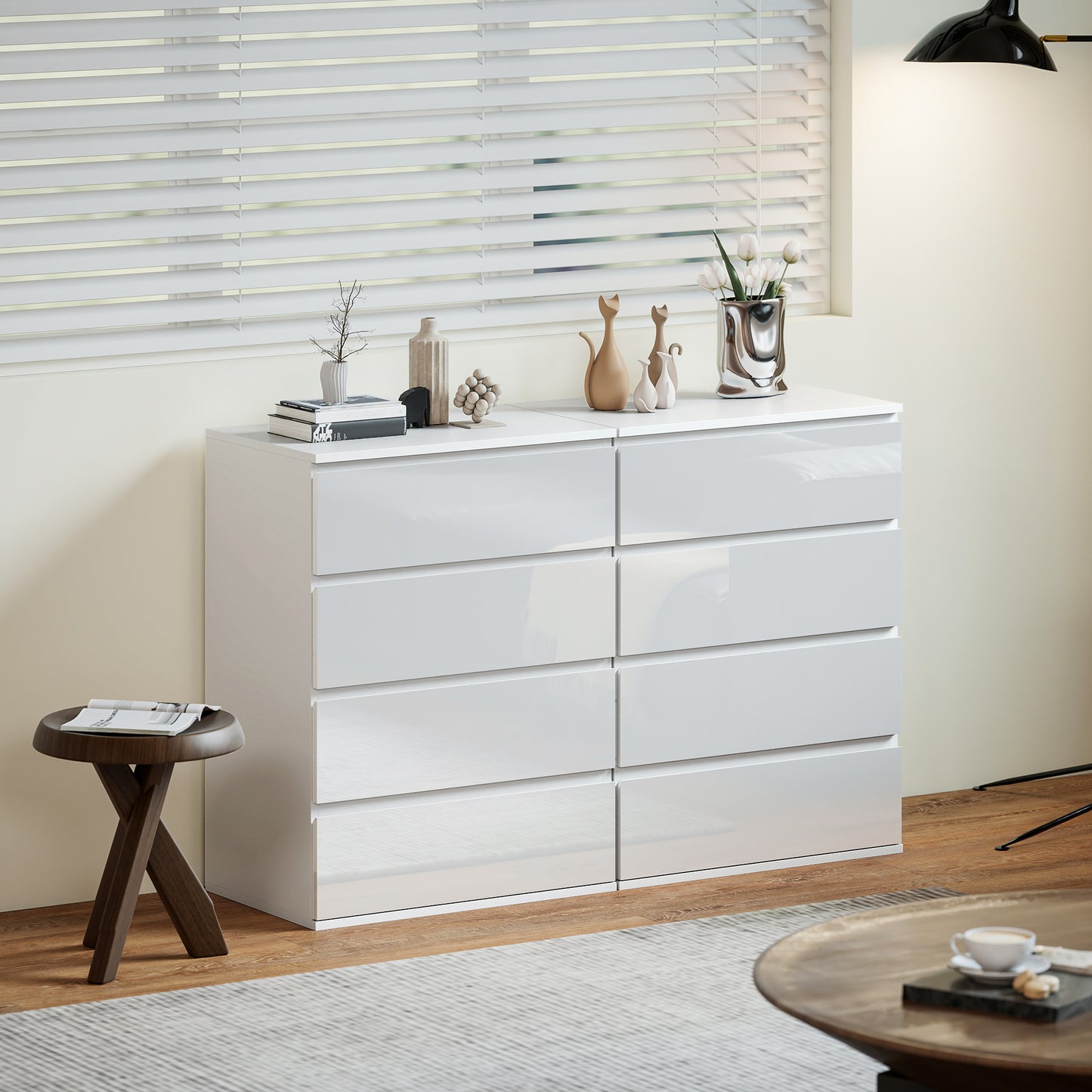 4 Drawer Cabinet, High Gloss Drawer Chest for Bedroom, Chest of Drawers with Metal Runners and Groove Handles, White