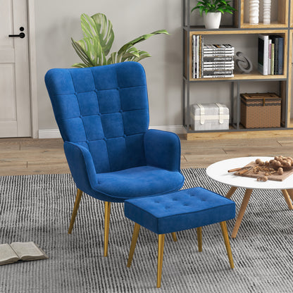 Accent Chair with Ottoman and Gold Legs - Dark Blue