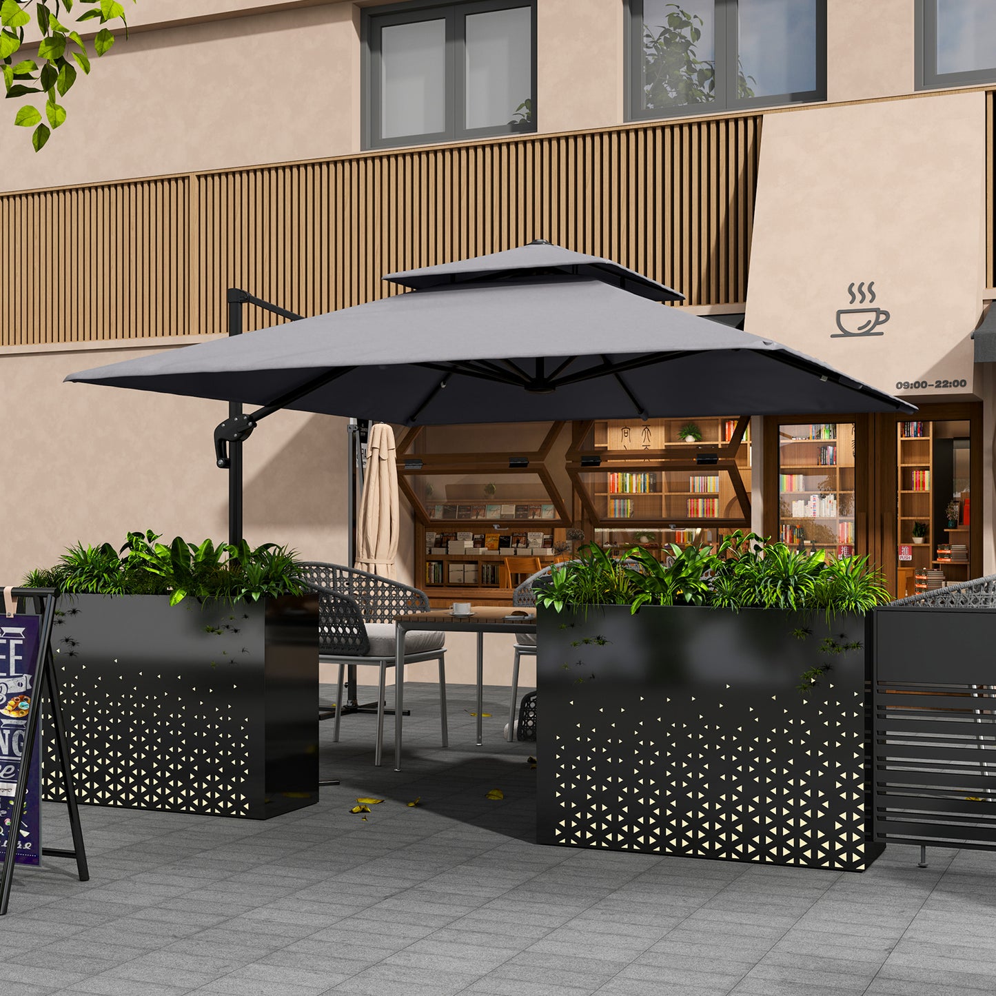 10' x 10' Cantilever Patio Umbrella, Double Top Square Offset Umbrella with 360° Rotation, Light Grey