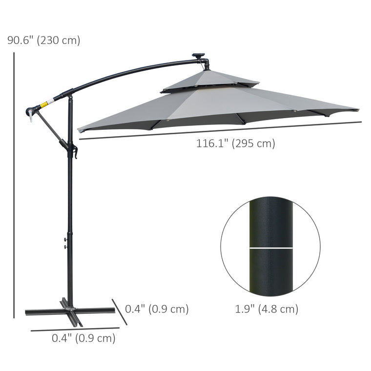 10FT Light Grey Cantilever Umbrella with Solar Lights & Crank