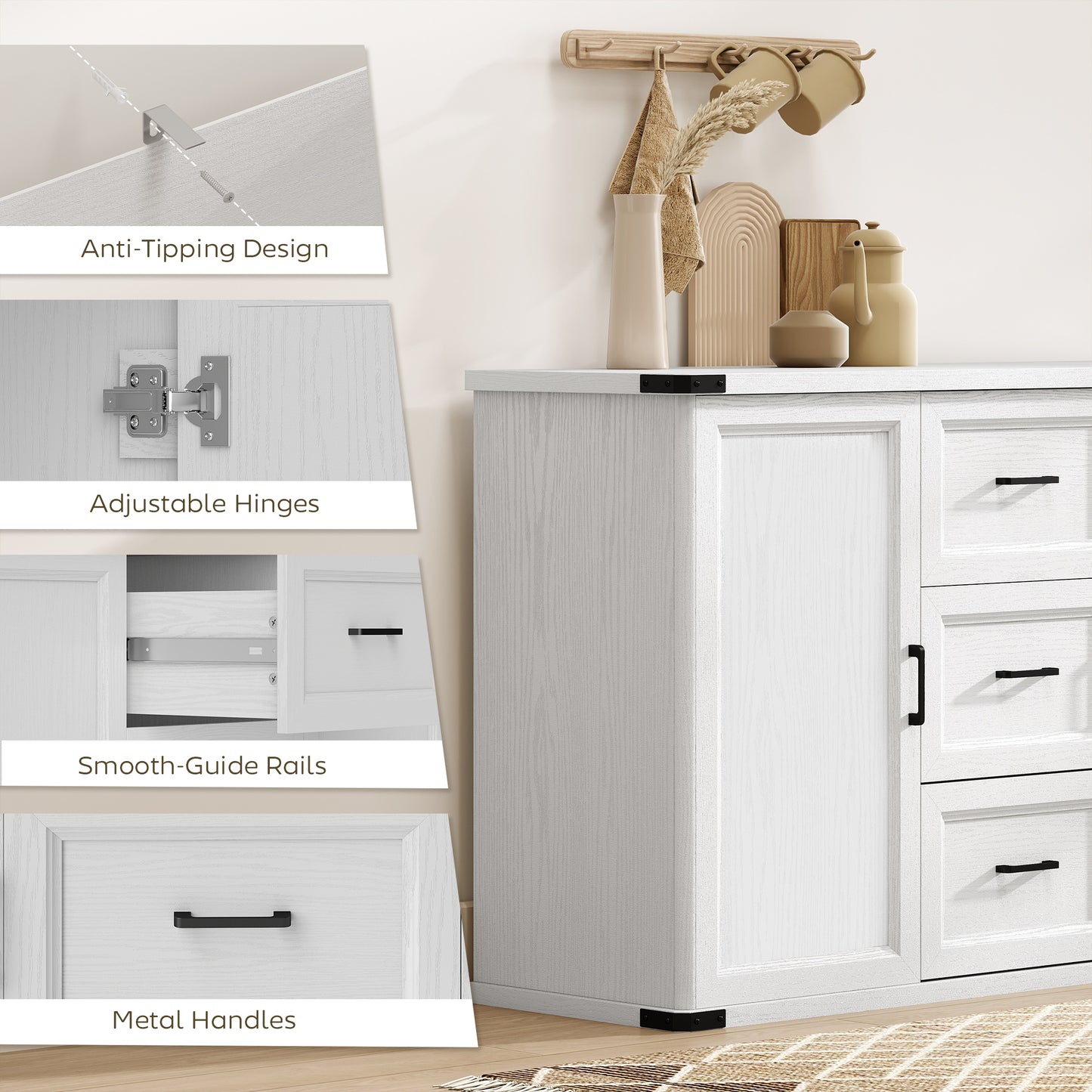 Sideboard with 3 Drawers and 2 Doors, 47" Buffet Cabinet with Adjustable Shelves for Kitchen, White Wood Grain