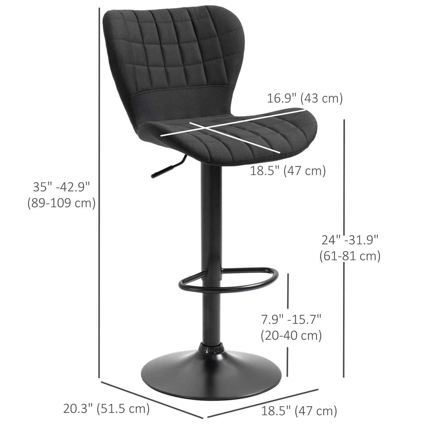 Bar Stools Set of 2, Adjustable Height Swivel Bar Chairs, Linen-feel Fabric Upholstered Kitchen Counter Stools with Wide Seat, Back and Footrest, Black