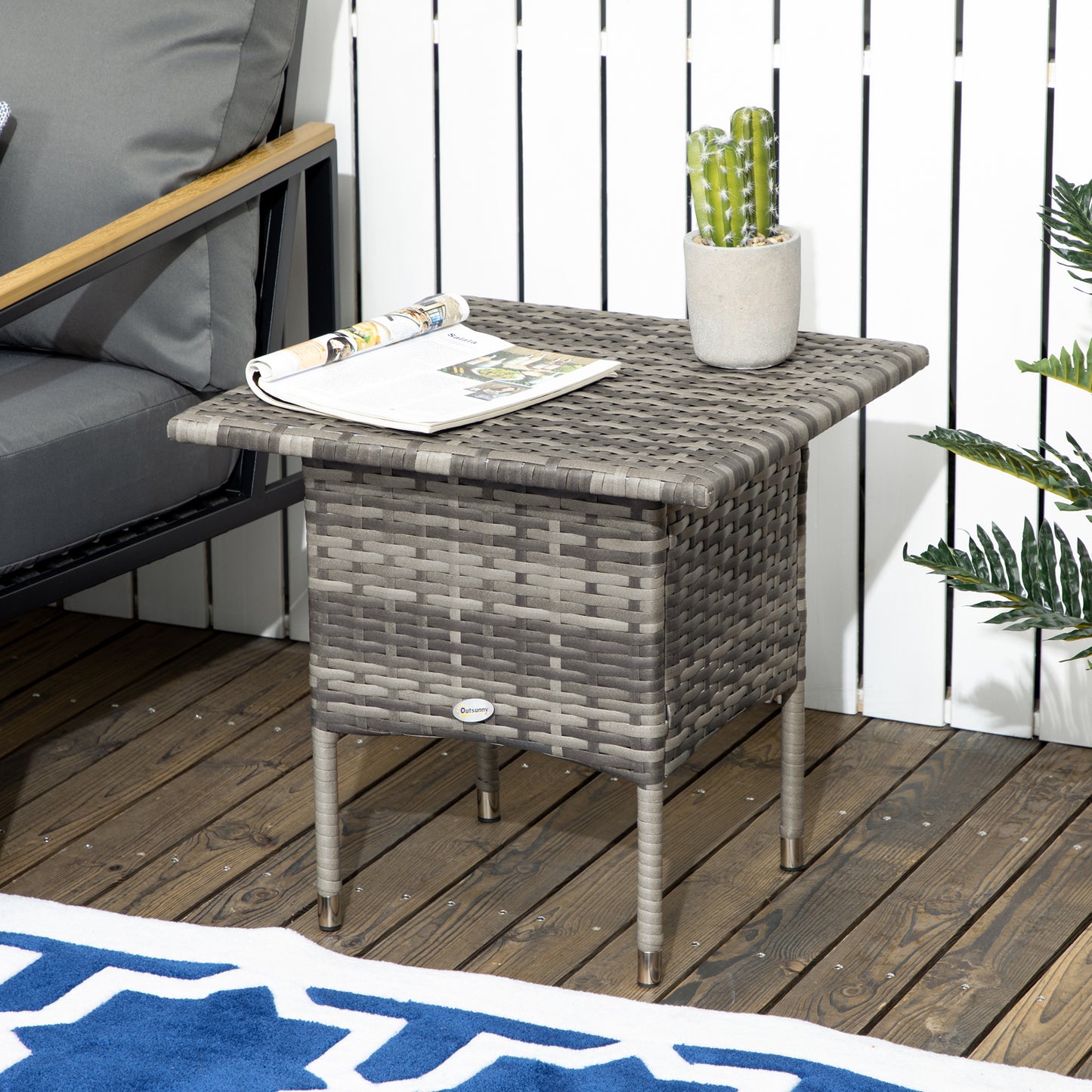 20" Patio Wicker Coffee Table, Outdoor Coffee Table with Plastic Board Underneath the Woven Tabletop for Patio, Garden, Balcony, Black
