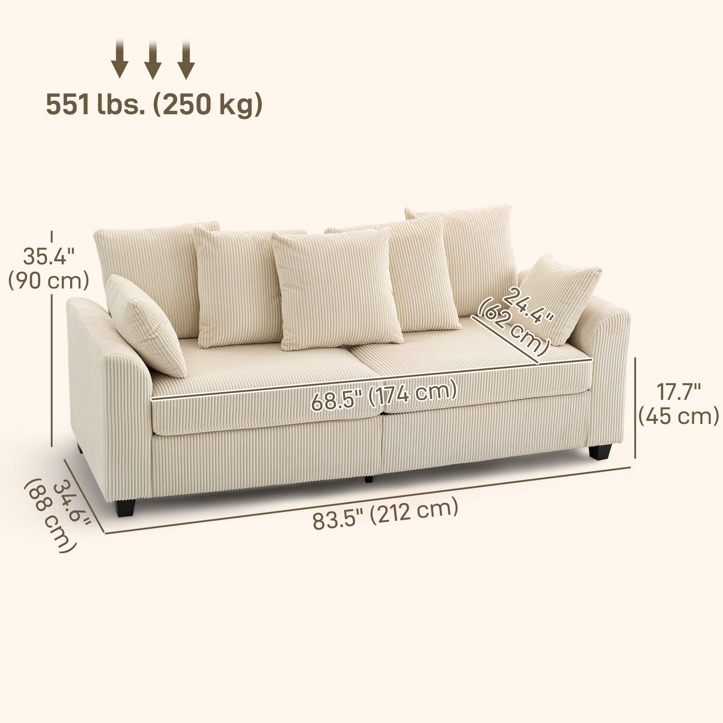 Corduroy Couch, 3 Seater Sofa, Modern Upholstered Couch with Curved Armrests and 8 Removable Pillows, Beige